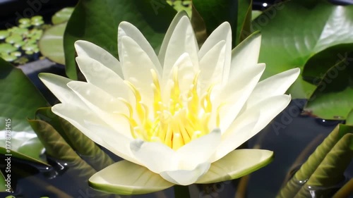 Timelapse of a beautiful white water lily blooming in a pond showcasing its delicate petals and vibrant yellow center as it gracefully opens from a bud to a full flower surrounded by lush green leave.
