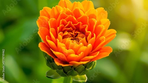 Timelapse of a vibrant orange zinnia flower blooming in a garden under warm sunlight showcasing natures beauty and growth.