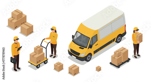 Delivery service team and van with cart and packages in isometric style