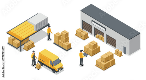 Isometric warehouse scene with workers, delivery van, and stacked boxes