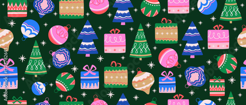 Seamless pattern with a festive, bright, creative Christmas tree, gift box, and bauble. Winter holiday background for wrapping paper.