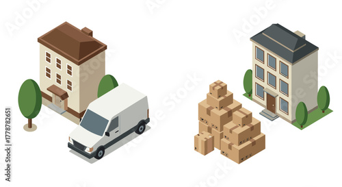 Urban delivery concept with isometric buildings, moving van, and cardboard boxes