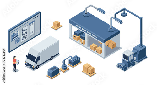 Isometric warehouse operations with modern logistics and automated equipment