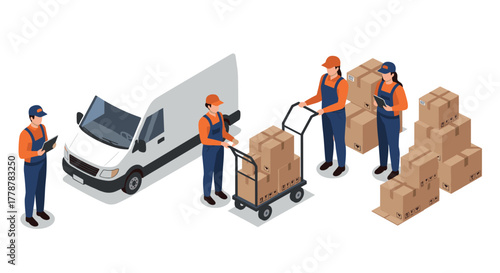 Isometric warehouse team moving cargo with van and cart boxes