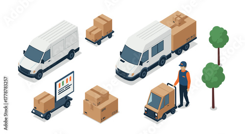 Isometric delivery vehicles and boxes with couriers and trees