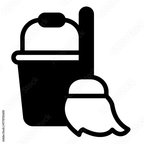 Water bucket and broom solid icon, spring season concept. Vector graphics. Floor cleaning work, housework sign on white background, style icon mobile or web design.