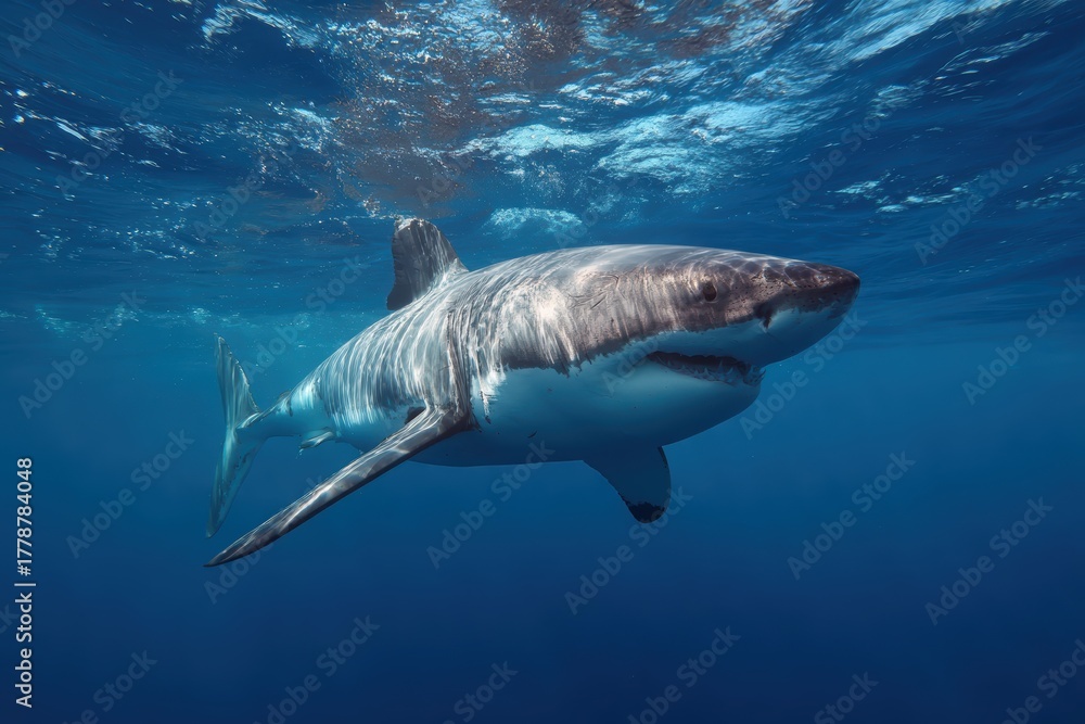 Fototapeta premium Great white shark swimming gracefully in the clear waters of Guadalupe Mexico showcasing its awe-inspiring features and natural habitat near the underwater cliffs