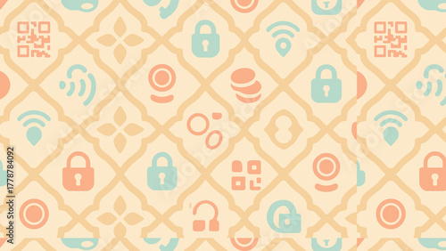 Soft Peach Batik Grid with Global Currency & Security Icons – EPS10