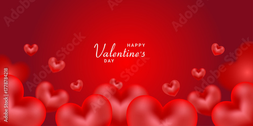 Happy Valentine’s Day Banner with Floating Red Hearts – Romantic Red 3D Glossy Love Background for Celebration and Greeting Design