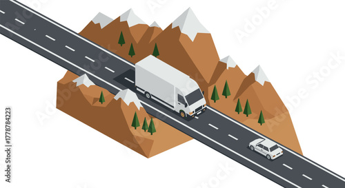 Isometric mountain road journey with vehicles and snowy peaks in scenic landscape