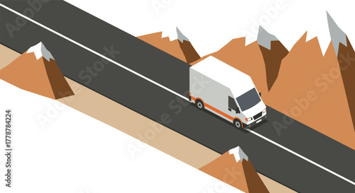 Isometric delivery truck on mountain road with snowcapped peaks