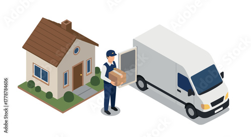 Delivery service concept with courier unloading package from van in front of house