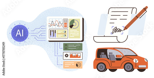 AI chip connects to dashboard analytics, digital document signing, and orange autonomous car. Ideal for technology, artificial intelligence, automation, transportation, contracts, data analysis