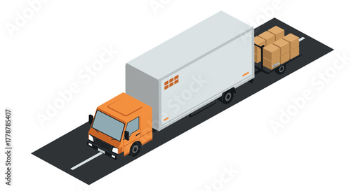 Isometric delivery truck with cargo trailer on road for shipping and logistics theme