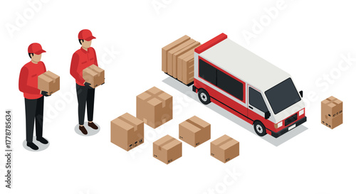 Delivery service isometric design featuring van and workers with packages