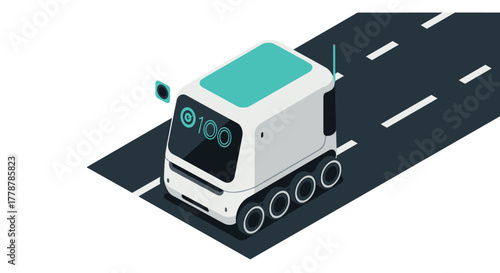Autonomous delivery robot on city road isometric urban transportation