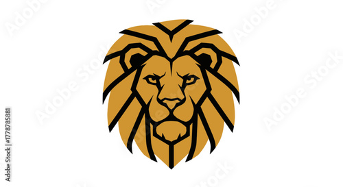 A striking geometric illustration of a lion's head in gold and black, showcasing strength and majesty.