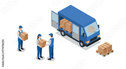 Isometric delivery service concept with workers and vehicle