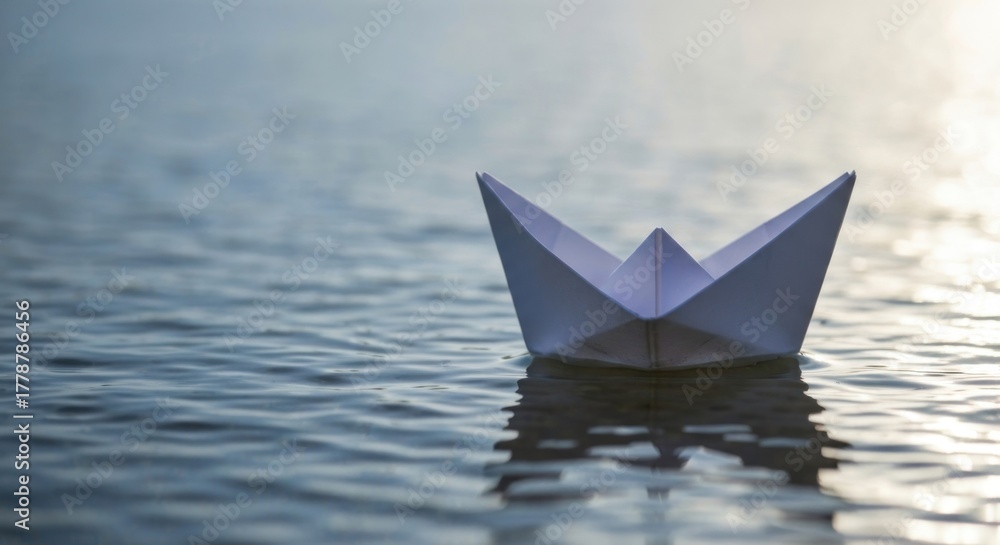 Obraz premium Folded paper boat adrift on water. Soft light