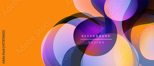 Abstract fluid shapes overlap, creating vibrant color gradients. Orange background contrasts with purple, blue hues. Modern design element.