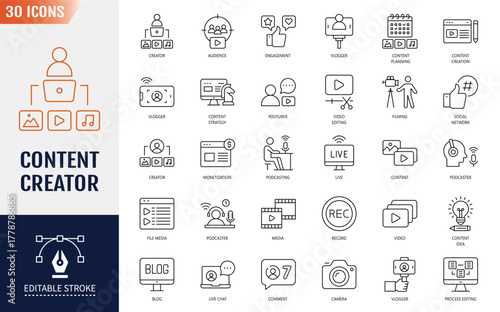 Content creator line editable icon set. Containing icons: Video editing, content strategy, youtuber, blogger, monetization, podcast, live streaming and more. Vector illustration