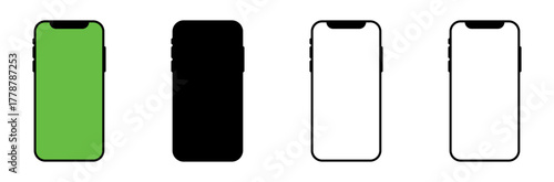 Mobile phone mockup. With transparent, white, black, and green screen variants. Vector Illustration.