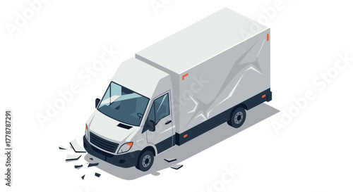 Isometric white delivery van with front damage and cracks