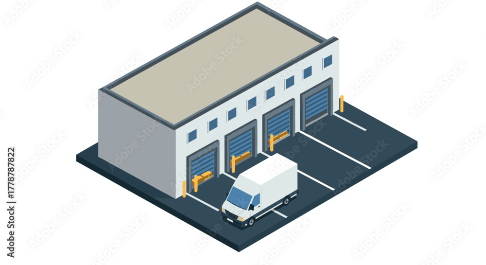 Obraz premium Modern warehouse with delivery van in isometric design for industrial and logistics themes