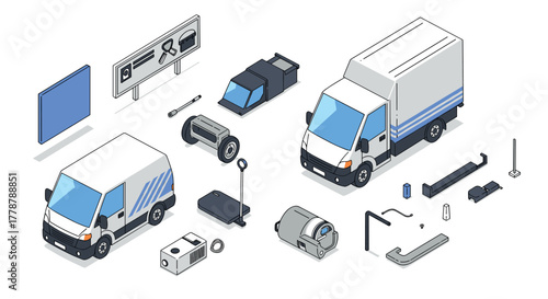 Isometric delivery van assembly parts with modern components and tools