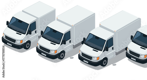 Isometric white delivery vans in a row on white background