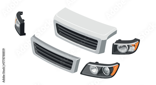 Car grille and headlight parts isometric design for auto repair and maintenance