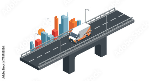 Isometric cityscape with van on bridge and modern buildings at sunset