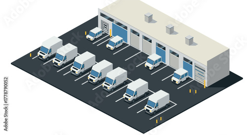 Isometric warehouse with delivery trucks in parking lot