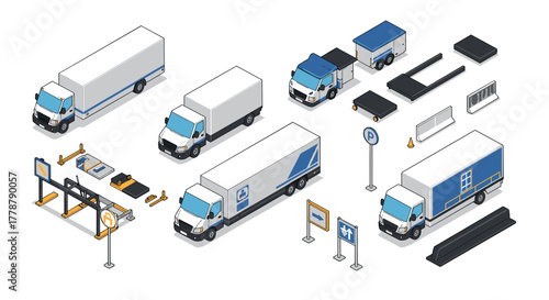 Isometric delivery trucks and parking elements set for urban logistics design
