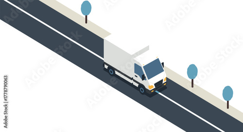 Isometric delivery truck on a long road with minimalist trees and sidewalk