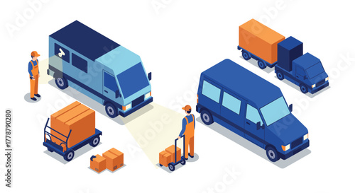 Delivery service vehicles isometric composition with workers and packages