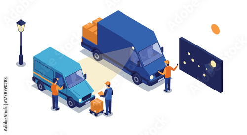 Isometric delivery process with trucks and couriers in urban setting