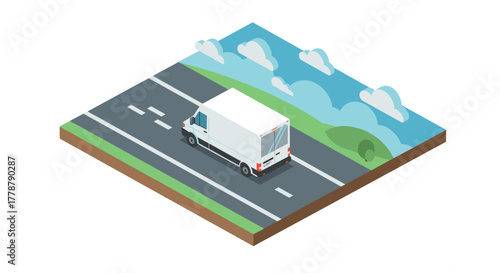 Delivery van on isometric highway with cloudy sky and green landscape