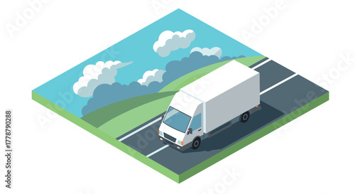 Isometric white delivery truck on rural road with cloudy sky background