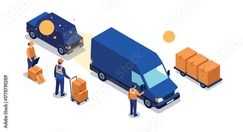 Delivery process with workers unloading boxes near blue vans in isometric style