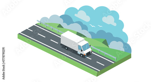 Isometric delivery truck on road with scenic background and clouds