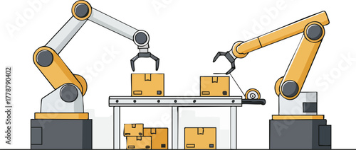 Two robotic arms assemble and move boxes on a metal table in a factory setting with precision machinery.
