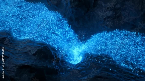 Glow Water Flowing Between Dark Rocks Cave