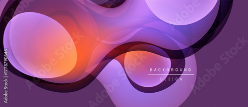 Abstract flowing shapes, vibrant purple hues blend into orange tones. Modern design creates dynamic visual effect.