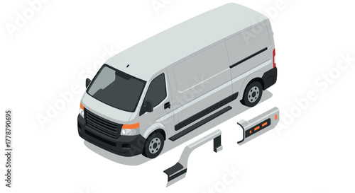 Isometric white van with customizable part elements for design projects