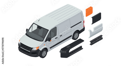 White delivery van with isometric design and parts breakdown