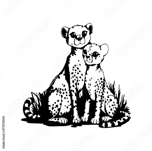 Protective mother cheetah tends to her young cub in stylized silhouette