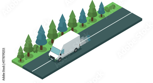 Isometric delivery van on a forest road