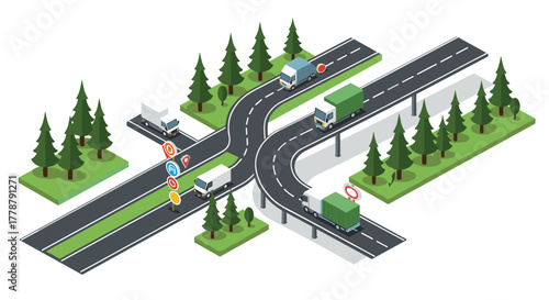 Isometric intersection with trucks on forest road