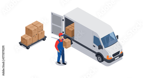 Delivery worker unloading packages from van in isometric style for logistics and shipping